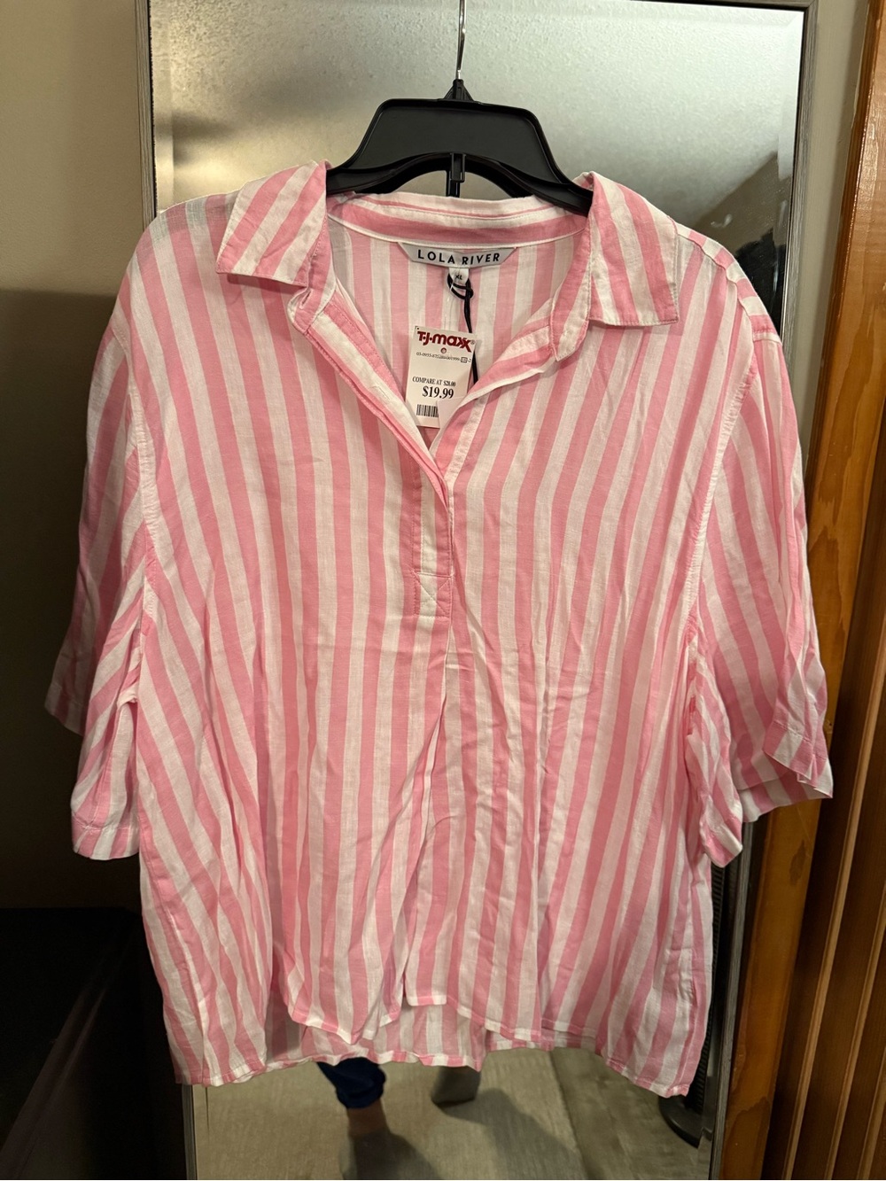 Lola River Pink & White Striped Buttonless Shirt NWT